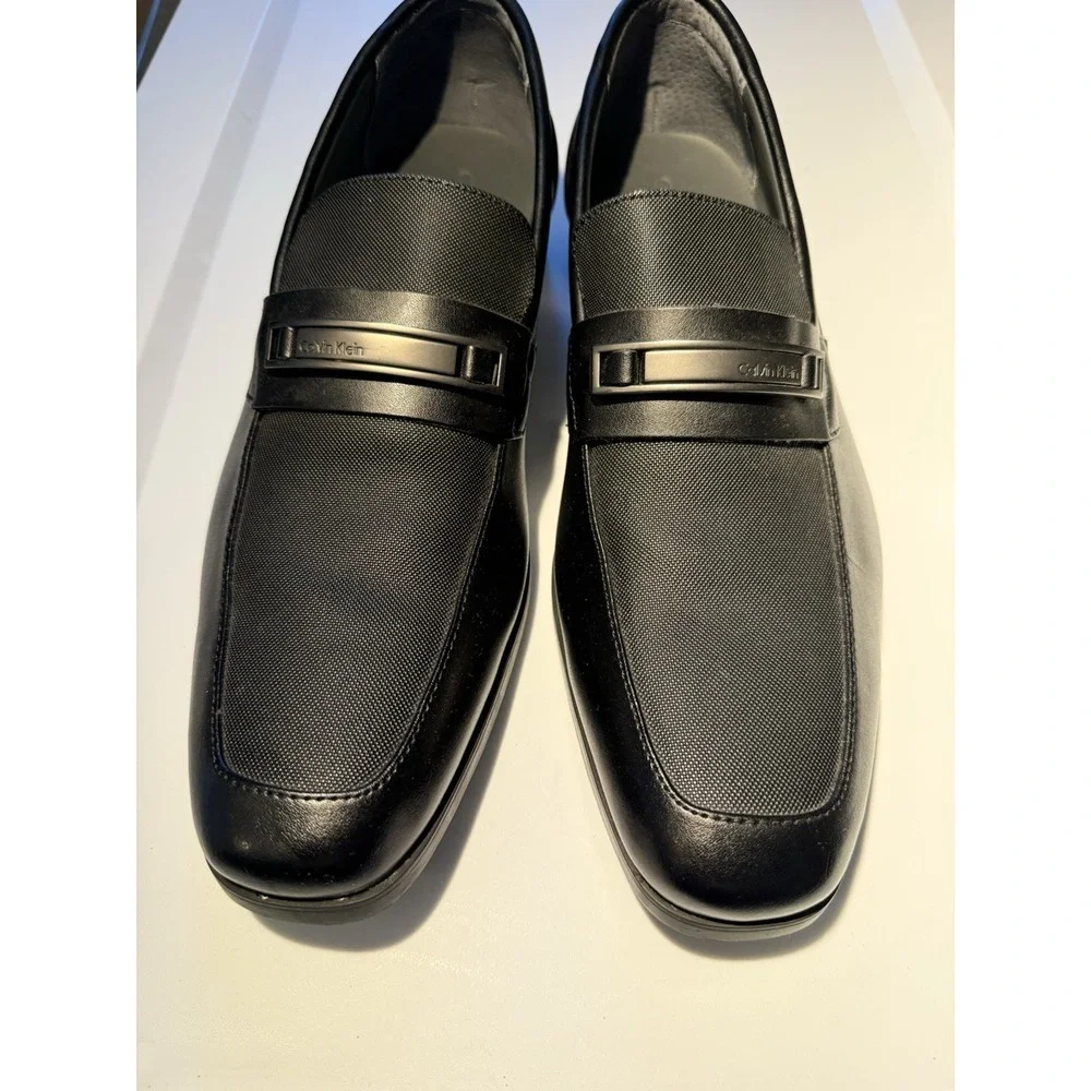 Calvin Klein Jameson Loafers Men 11 Black Leather Textile Square Toe Dress Shoes